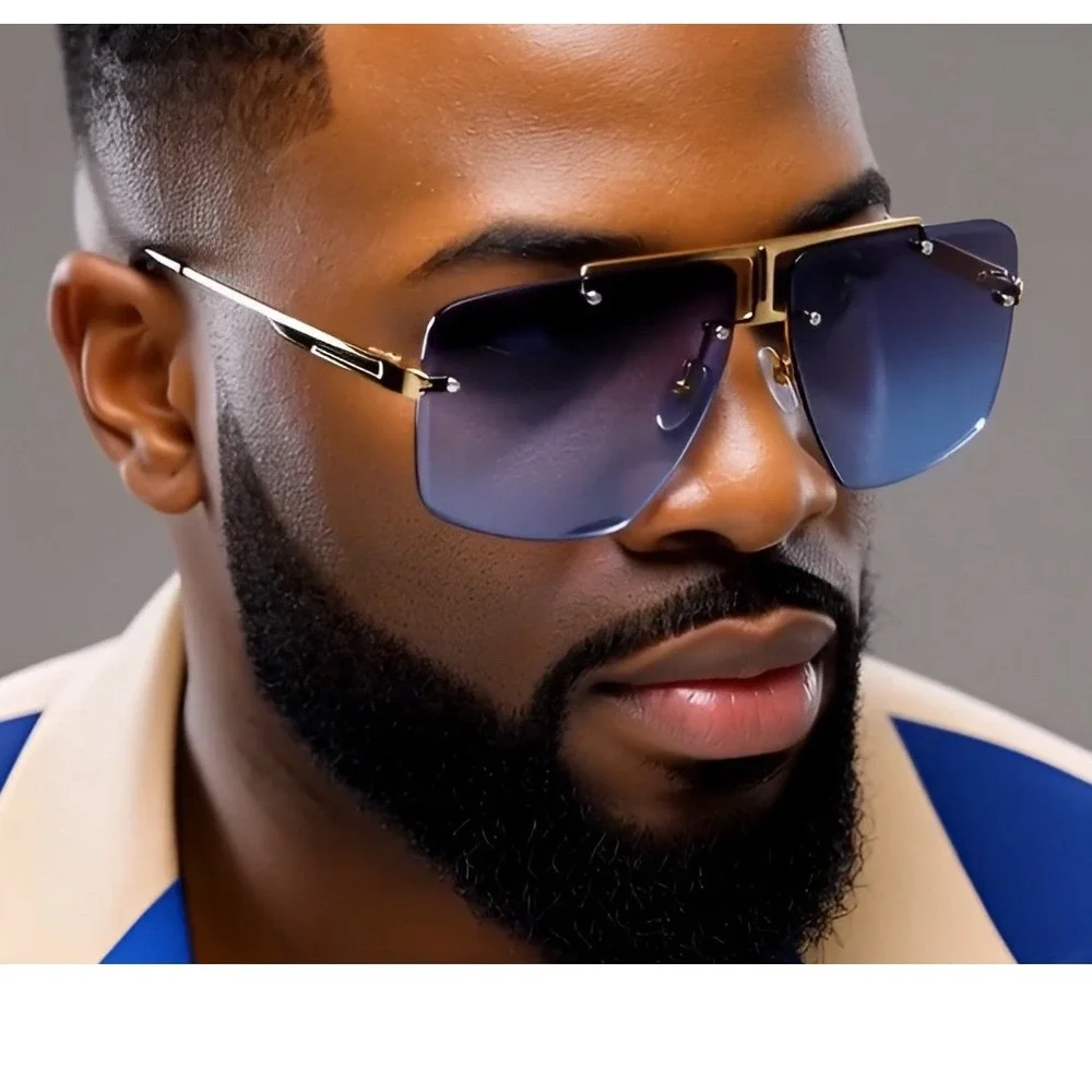 Men Rimless Square‎ Sunglasses Gradient Blue Lens Gold Frame Oversized Fashion